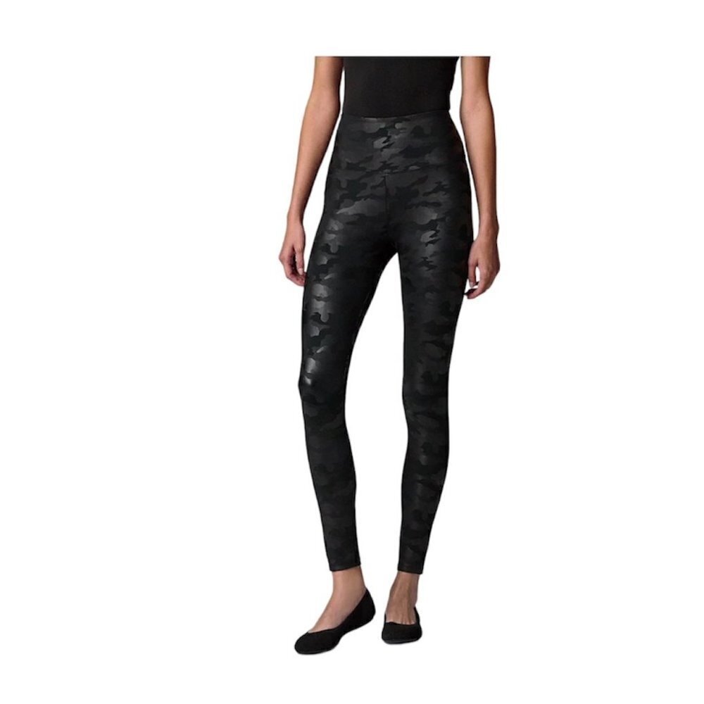 Simply Vera Wang Womens Black Camo High Rise Faux Leather Leggings Sz L New